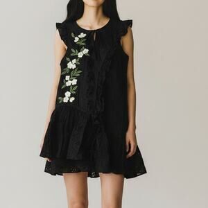 Zara Delicate Eyelet Floral Daisy Embroidered Sleeveless Mini Dress Large Black